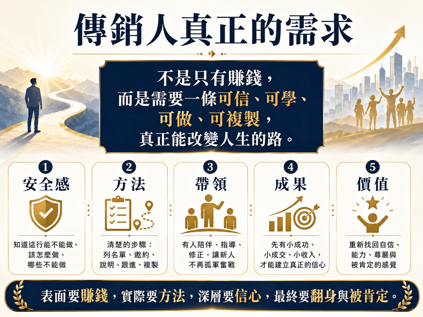 傳銷人真正的需求是建立信心、安全感、可複製方法與持續行動力的教育圖卡
